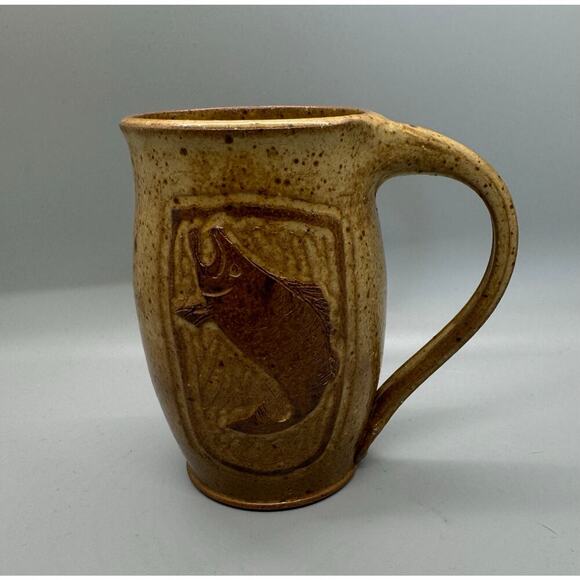 Signed Art Pottery Mug Fish Salmon Speckled Cream Natural Coffee Cup Fishing - Picture 3 of 8
